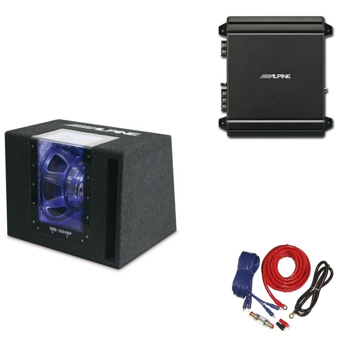 Комплект Alpine SBG-1244BP Subwoofer Box 30 см (12") + MRV-M250 усилвател 1 канален + комплект кабели 10мм²