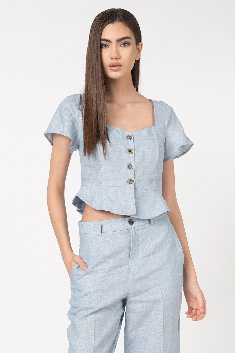 Pepe Jeans London, Bluza de in cu volan peplum Emily, Bleu, L