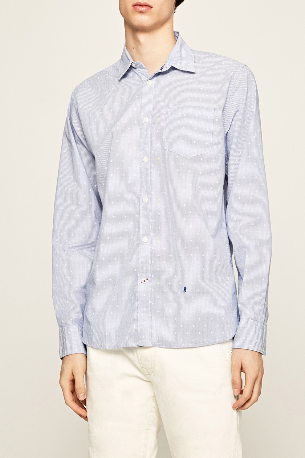 Pepe Jeans London, Camasa cu maneci lungi, model cu dungi si buline, Albastru azur, S