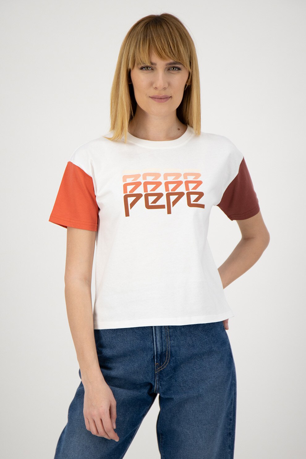 Pepe Jeans London, Tricou cu maneci contrastante Penelope, Alb/Oranj mandarina, XL