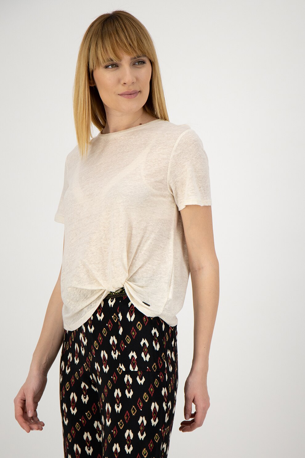 Pepe Jeans London, Tricou din in cu detaliu innodat Lua, Alb fildes