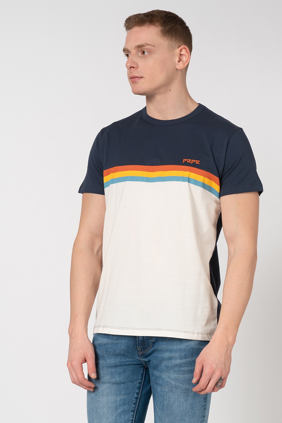 Pepe Jeans London, Tricou regular fit cu model colorblock Trey, Bleumarin/Alb, S