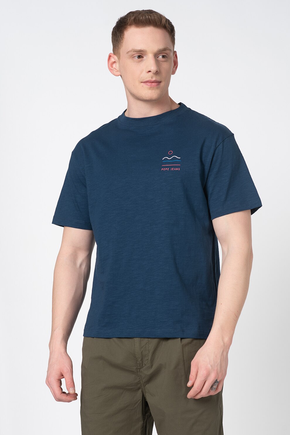 Pepe Jeans London, Tricou lejer cu broderie Seward, Bleumarin, S