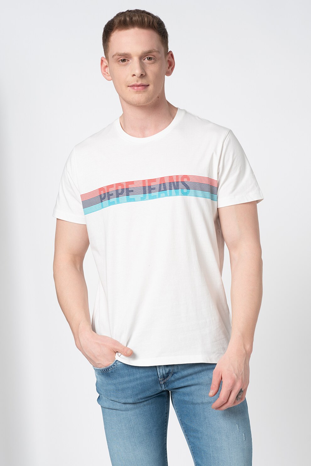 Pepe Jeans London, Tricou regular fit cu imprimeu logo Marke, Alb