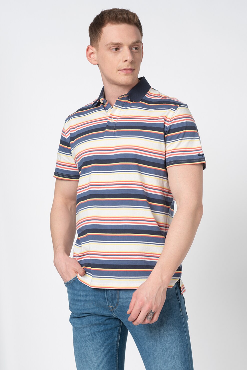 Pepe Jeans London, Tricou polo regular fit Lucius, Albastru/Rosu/Galben, S