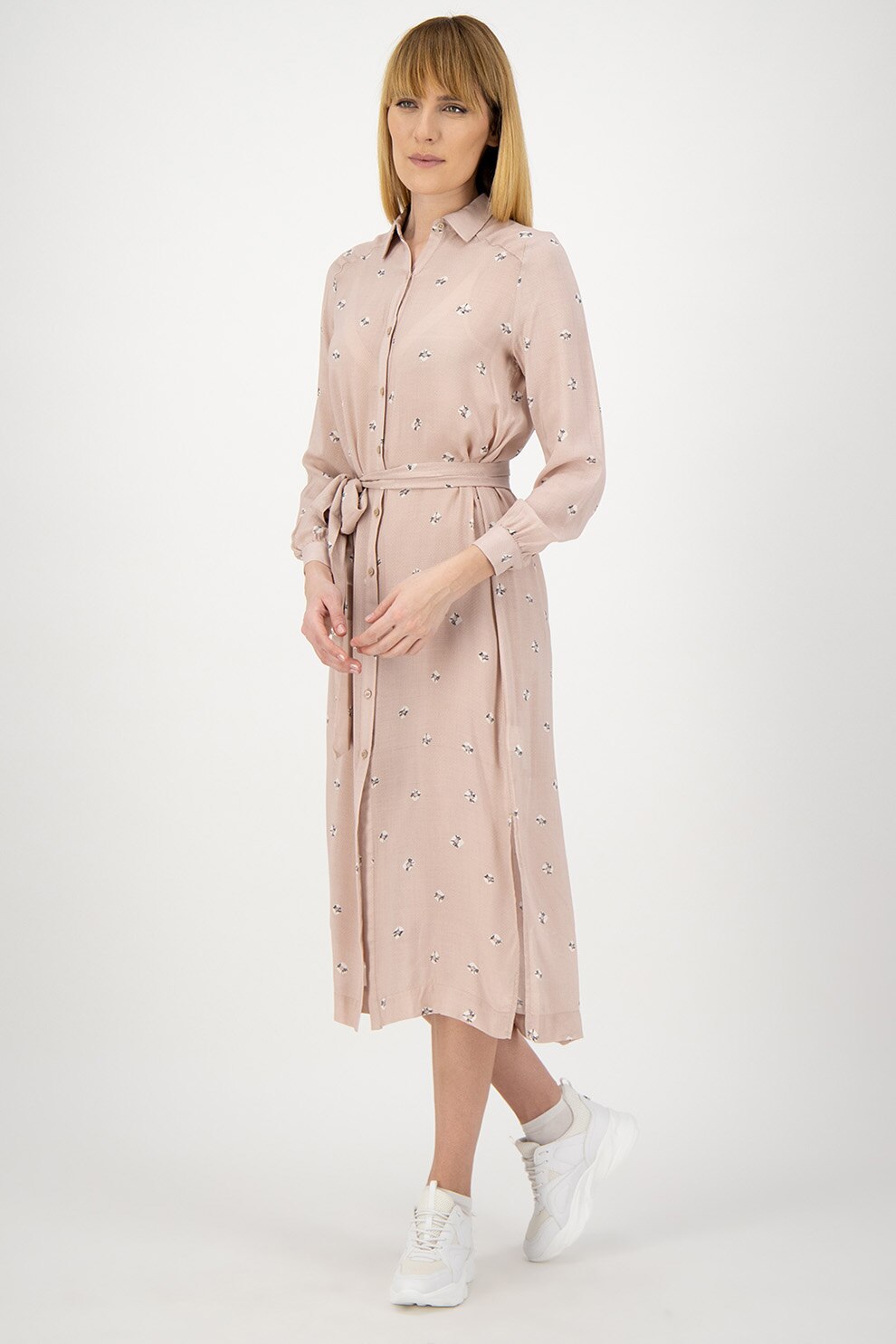 Pepe Jeans London, Rochie midi tip camasa, cu imprimeu grafic, Roz prafuit