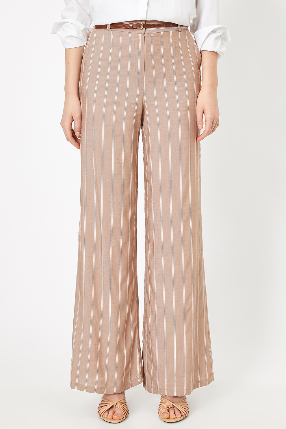 KOTON, Pantaloni cu croiala ampla si dungi, Bej/Alb, XL