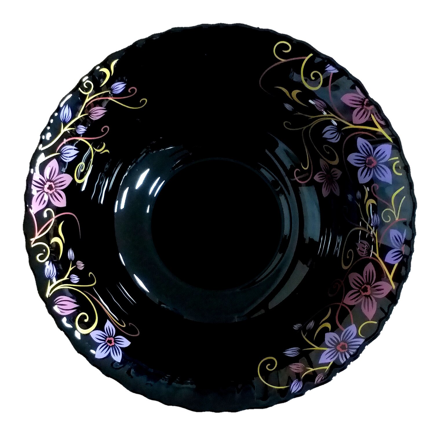 Bol negru opal,decor floral mov,22.5cm