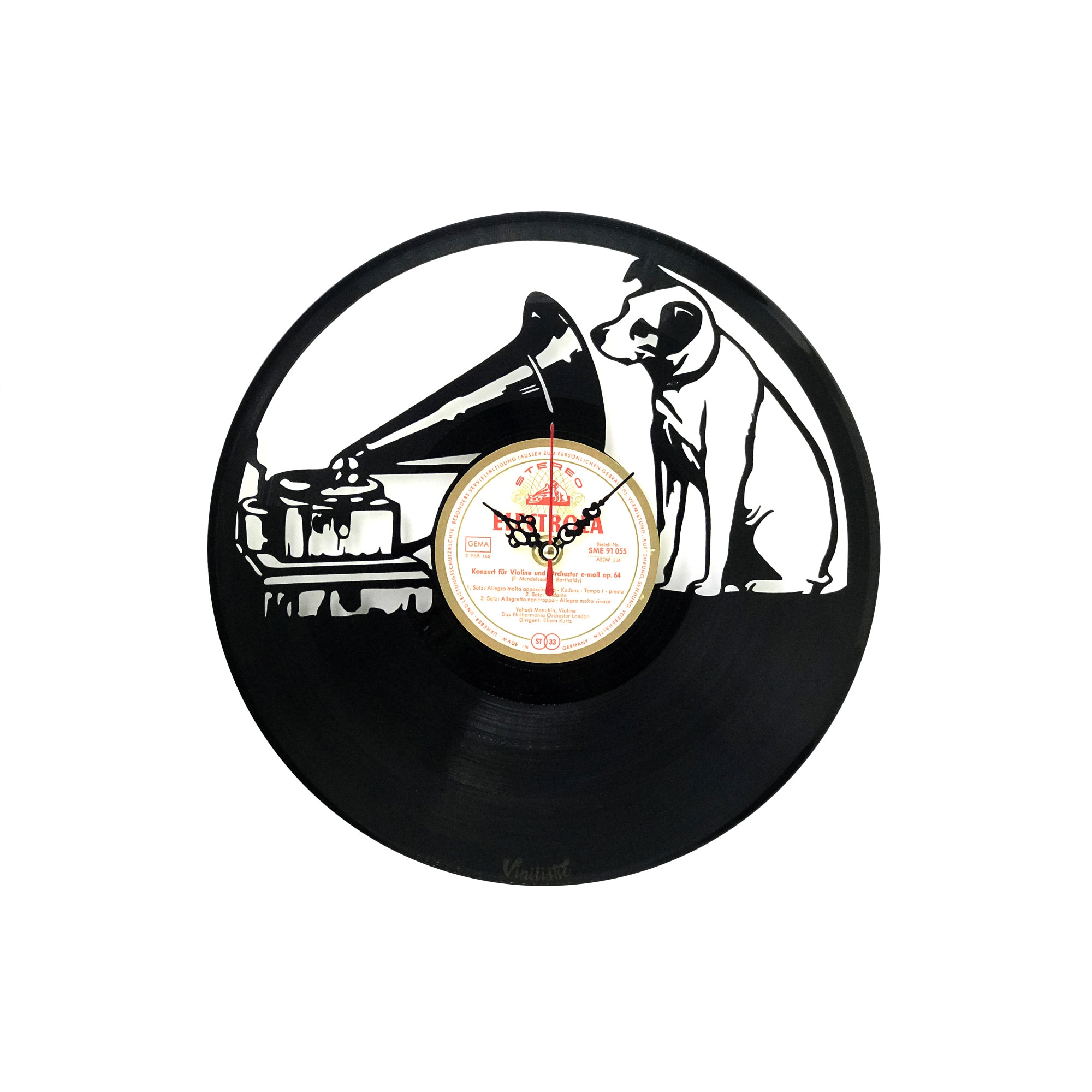 Ceas de perete personalizat din vinil reciclat, Vinilistic, Electrola, Caine, Vinyl, Cadou original, Rosu, 30 cm