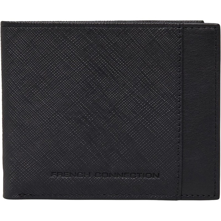 Portofel pliabil din piele, French Connection Saffiano, negru