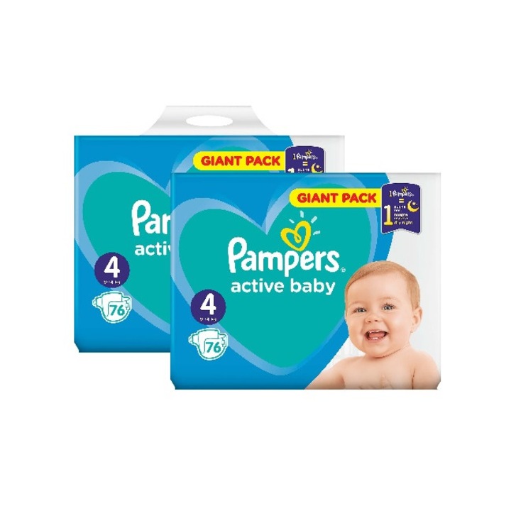 Комплект 2 пакета пелени Pampers Active Baby Giant Pack - № 4, 76 броя (152 броя)