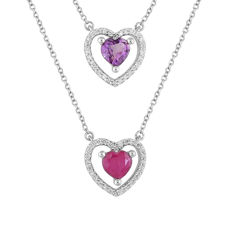 Colier Inimi Deruvo Aur 18k Diamante, Ametist, Rubin, Ajustabil 45-50 PCNF00558-W
