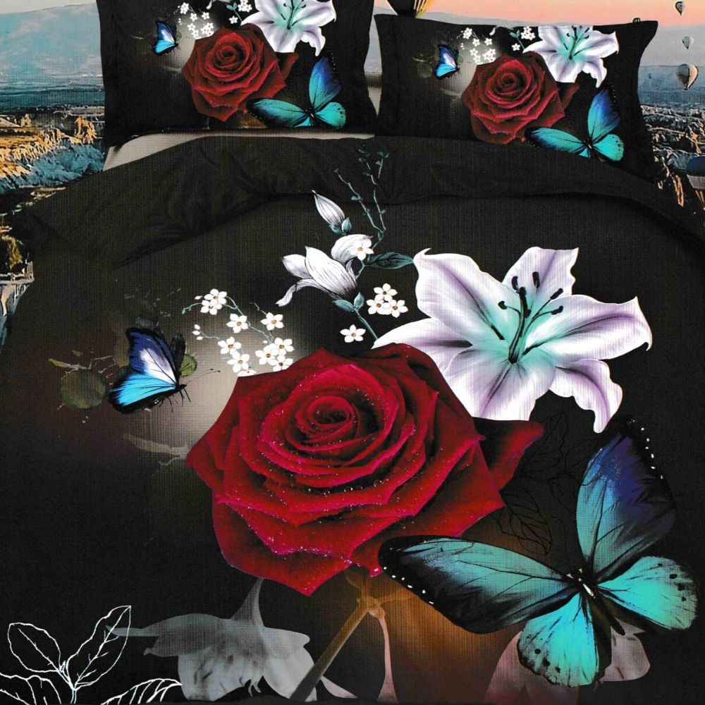 Lenjerie 3D Bumbac Satinat Superior - 4 Piese - Pat 2 Persoane - Red Rose