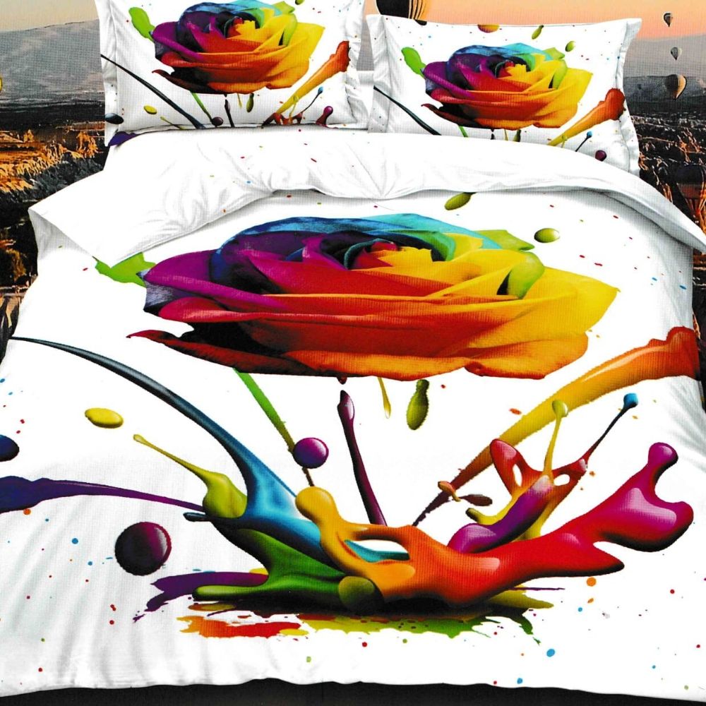 Lenjerie 3D Bumbac Satinat Superior - 4 Piese - Pat 2 Persoane - Rainbow Splash