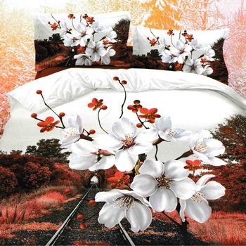 Lenjerie 3D Bumbac Satinat Superior - 4 Piese - Pat 2 Persoane - Flowers on Railroad Lenjerie 3D Bumbac Satinat Superior - 4 Piese - Pat 2 Persoane - Flowers on Railroad