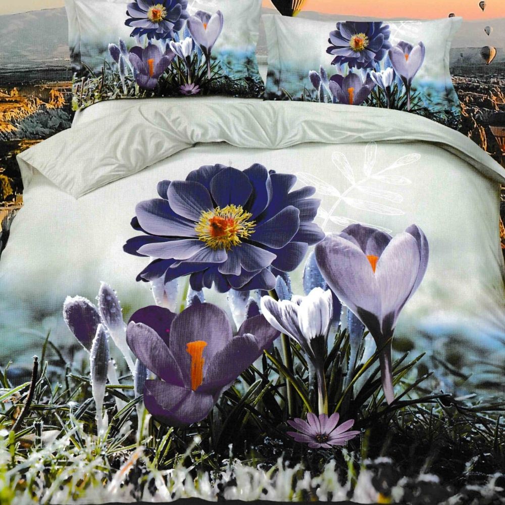 Lenjerie 3D Bumbac Satinat Superior - 4 Piese - Pat 2 Persoane - Purple Flower