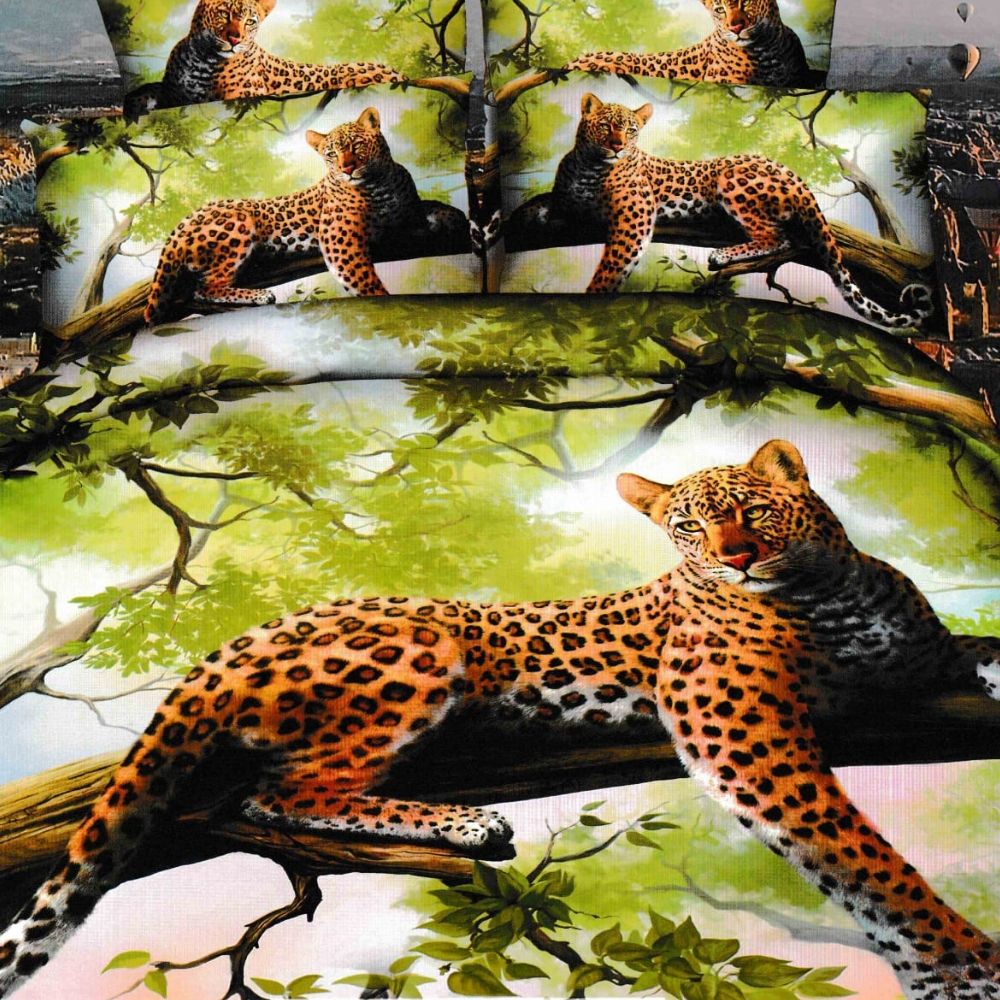 Lenjerie 3D Bumbac Satinat Superior - 4 Piese - Pat 2 Persoane - Leopard & Green