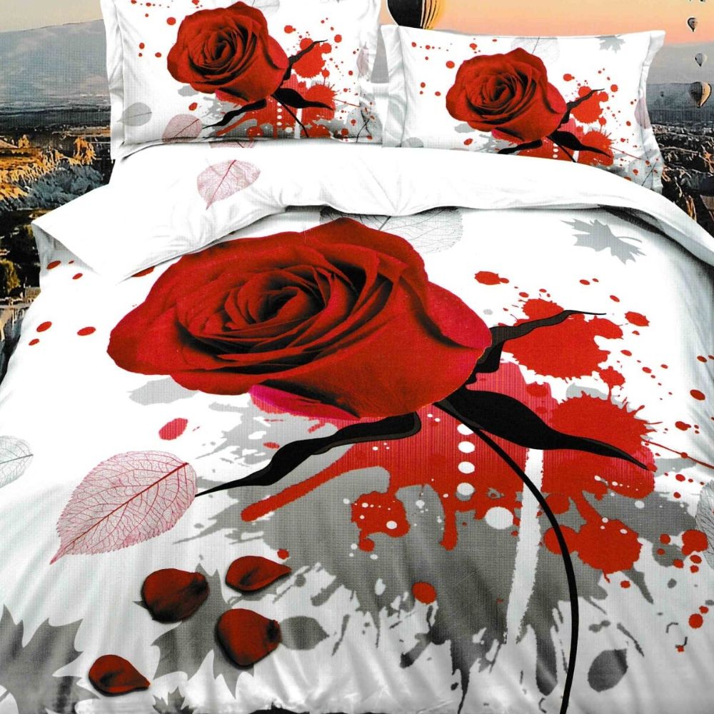 Lenjerie 3D Bumbac Satinat Superior - 4 Piese - Pat 2 Persoane - Rose on White