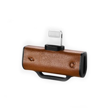 Adaptor / Splitter cu doua mufe lightning pentru casti, incarcare simultana, aluminiu, piele naturala - iCarer Vintage, Maro coniac Adaptor / Splitter cu doua mufe lightning pentru casti, incarcare simultana, aluminiu, piele naturala - iCarer Vintage, Maro coniac
