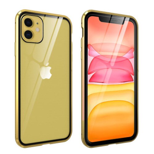 Husa de protectie magnetica GoTech King, pentru Apple iPhone 11 Pro Max, protectie fata/spate, sticla rezistenta, Auriu