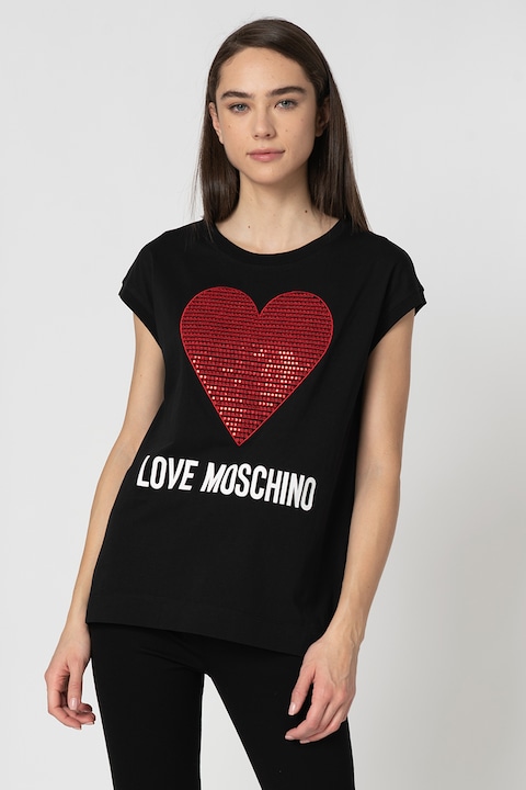Love Moschino, Tricou cu imprimeu logo si decorat cu paiete, Rosu/Negru, S