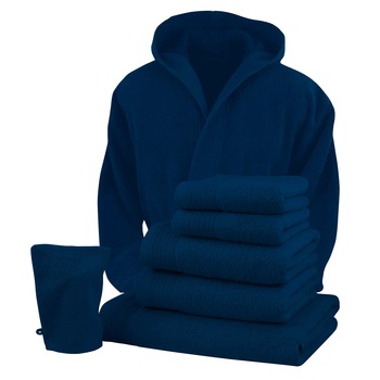 Set baie halat S/M si 6 prosoape Classic Collection, Bleumarin, 100% bumbac Terry, Selection Set baie halat S/M si 6 prosoape Classic Collection, Bleumarin, 100% bumbac Terry, Selection