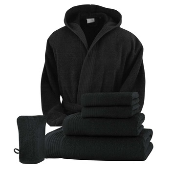 Set baie halat XXL/XXXL si 6 prosoape Classic Collection, Negru, 100% bumbac, Terry Selection Set baie halat XXL/XXXL si 6 prosoape Classic Collection, Negru, 100% bumbac, Terry Selection