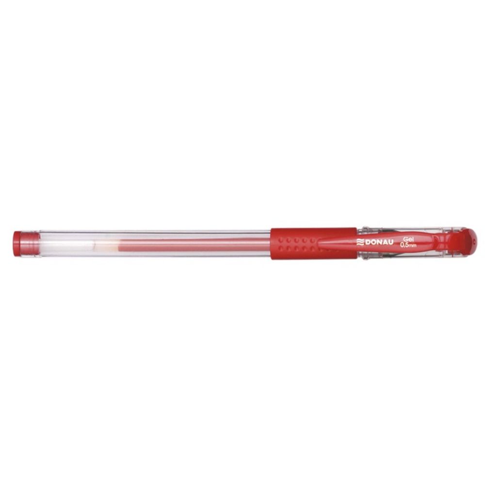Set 12 Pixuri cu Gel DONAU, Capac + Clips de Prindere, Varf de 0.5 mm, Corp Transparent cu Grip, Culoare Rosie