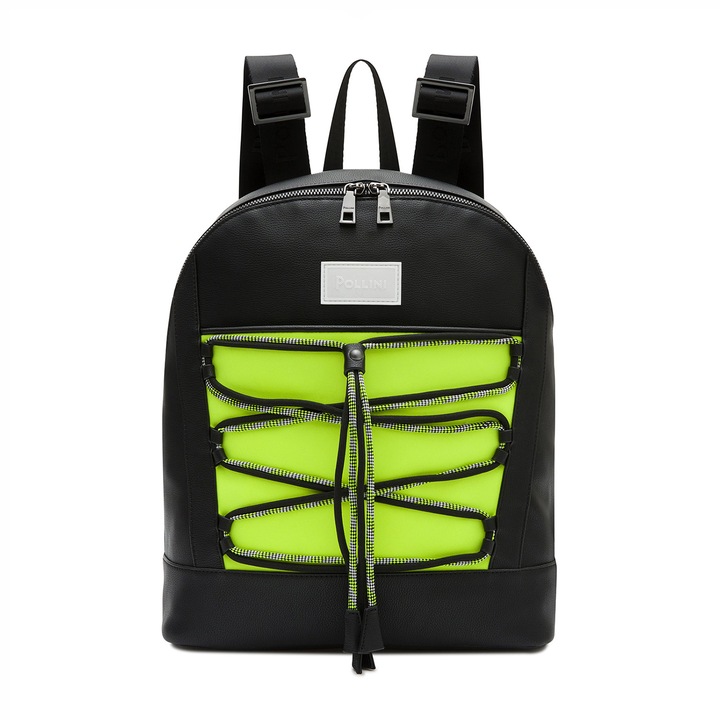 Rucsac Pollini, Piele ecologica, Negru, 37x34x14 cm