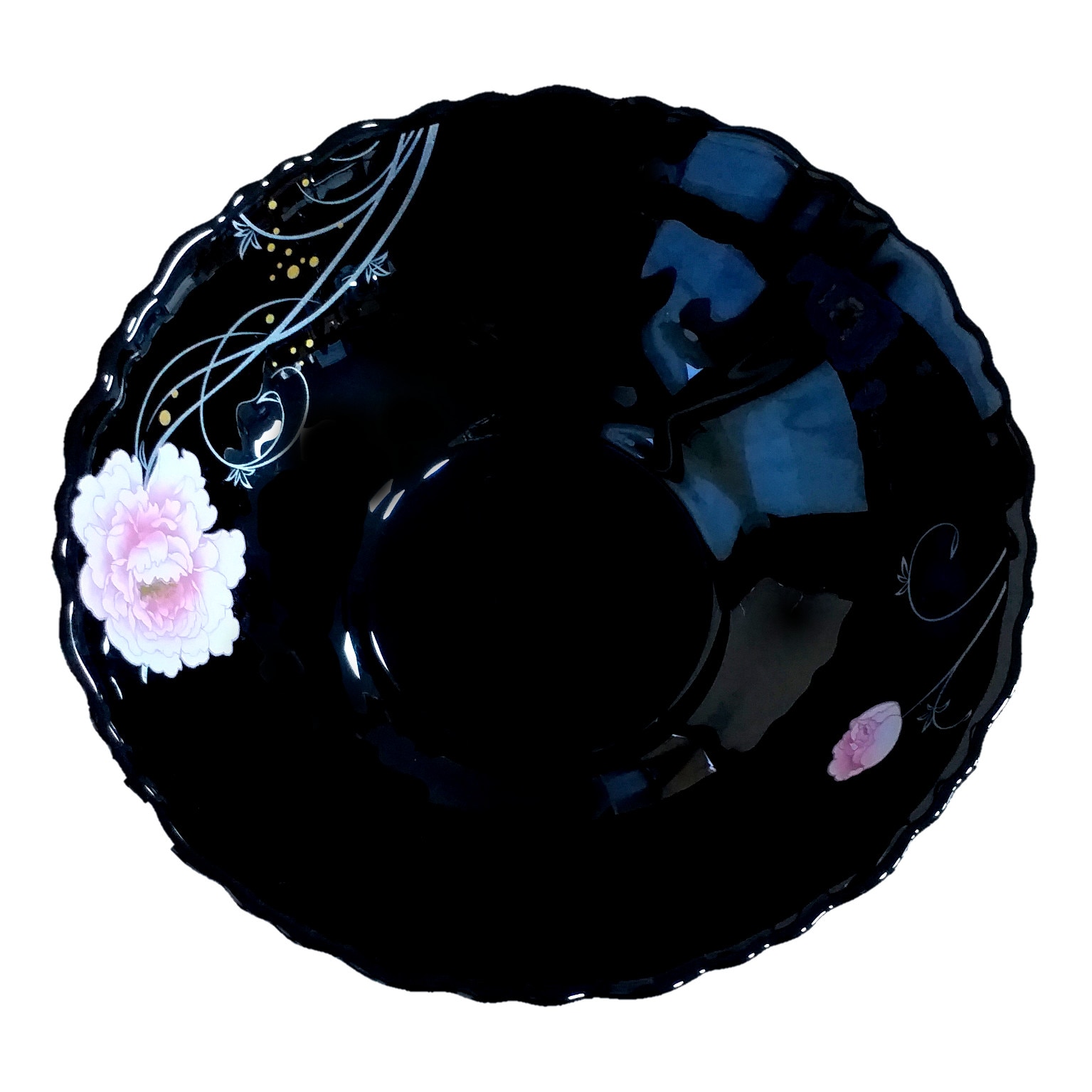 Bol negru opal 15.5cm,decor floral roz