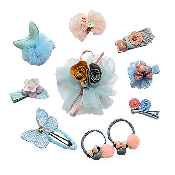 Set de par, copii, 8 agrafe, 2 elastice, cutie cadou, albastru, roz pudra