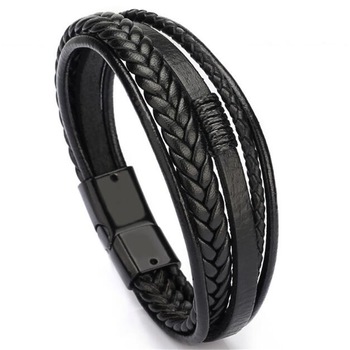 Bratara barbateasca din piele naturala, cu siraguri multiple, prindere magnet, culoare negru Bratara barbateasca din piele naturala, cu siraguri multiple, prindere magnet, culoare negru