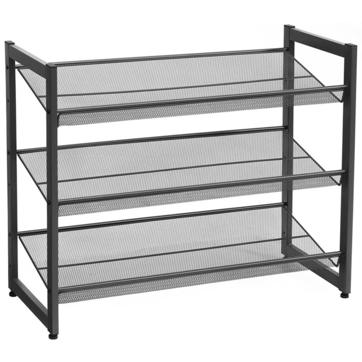 SONGMICS Raft de depozitare pantofi pe 3 niveluri, metal, rafturi plate sau unghiulare reglabile, 31x74x63cm, negru