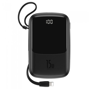 Baterie Externa Baseus, Q Pow 10000 mAh, 2 x USB/USB-C, Cablu Lightning Integrat, Negru Baterie Externa Baseus, Q Pow 10000 mAh, 2 x USB/USB-C, Cablu Lightning Integrat, Negru