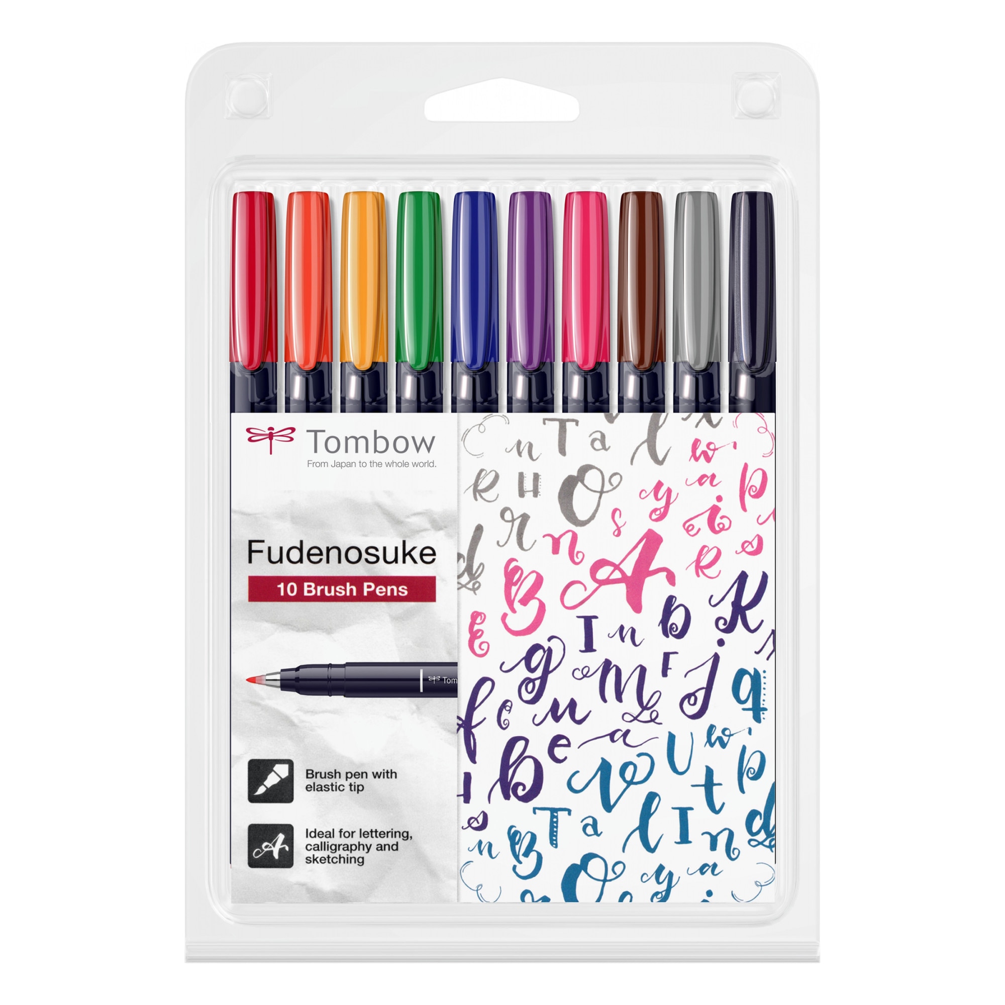 Set 10 culori Tombow Fudenosuke Hard Small Writing Vivid Color, culori intense