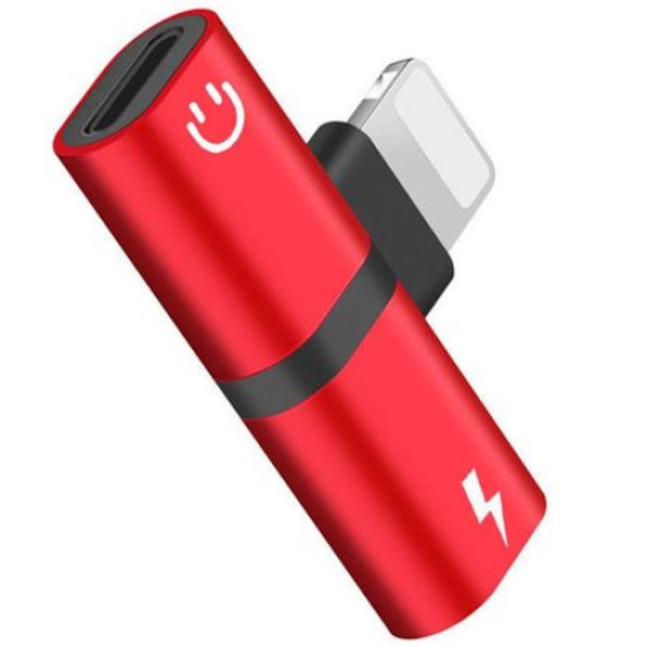 Kétportos Lightning Mini Adapter, fejhallgató és iPhone töltéséhez, fekete/piros