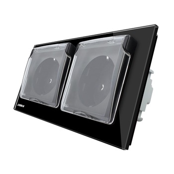 Priza dubla Livolo cu rama din sticla si capac de protectie rezistent la apa, Negru Priza dubla Livolo cu rama din sticla si capac de protectie rezistent la apa, Negru