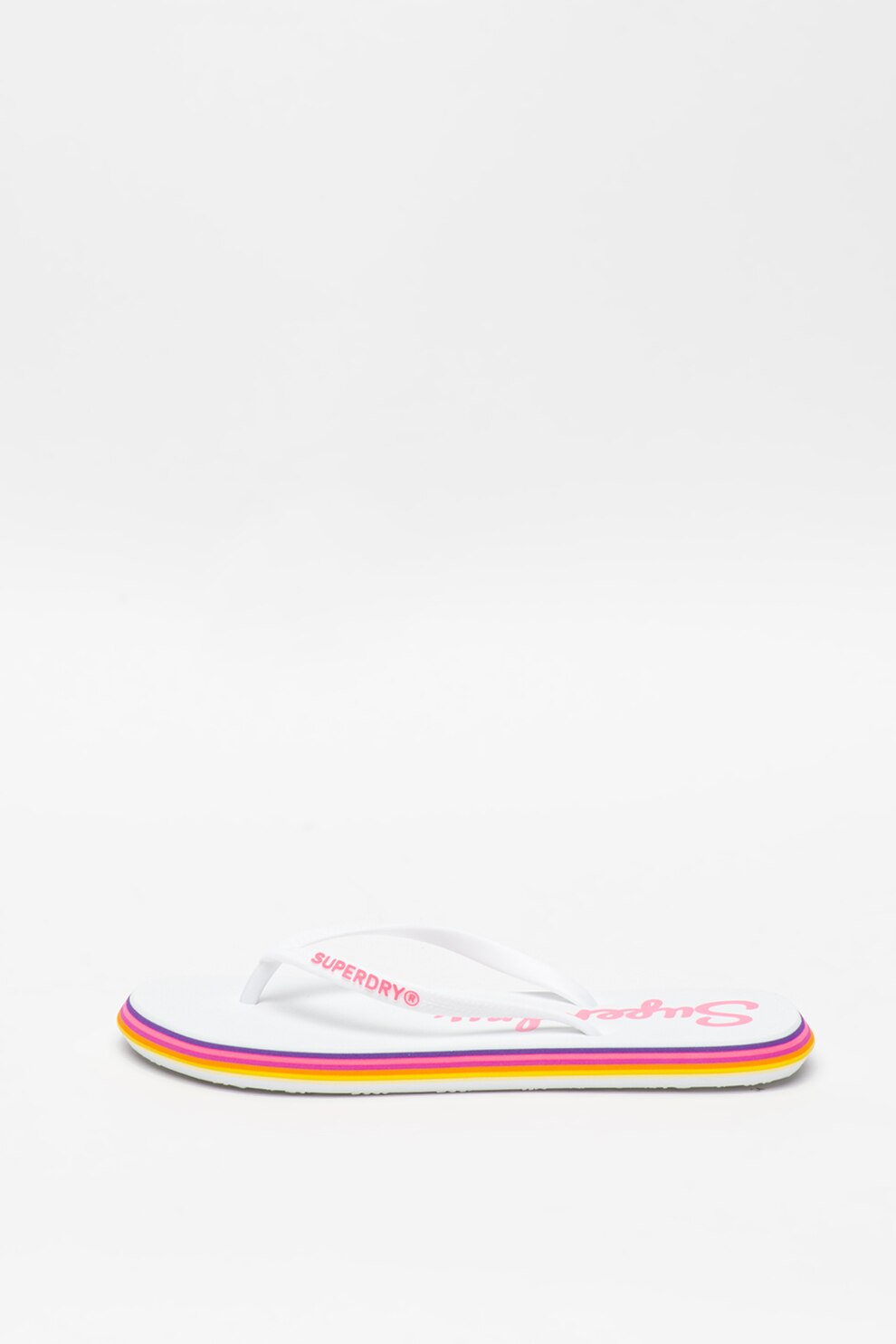 SUPERDRY, Papuci flip-flop cu logo si bareta separatoare, Alb/Roz neon, M