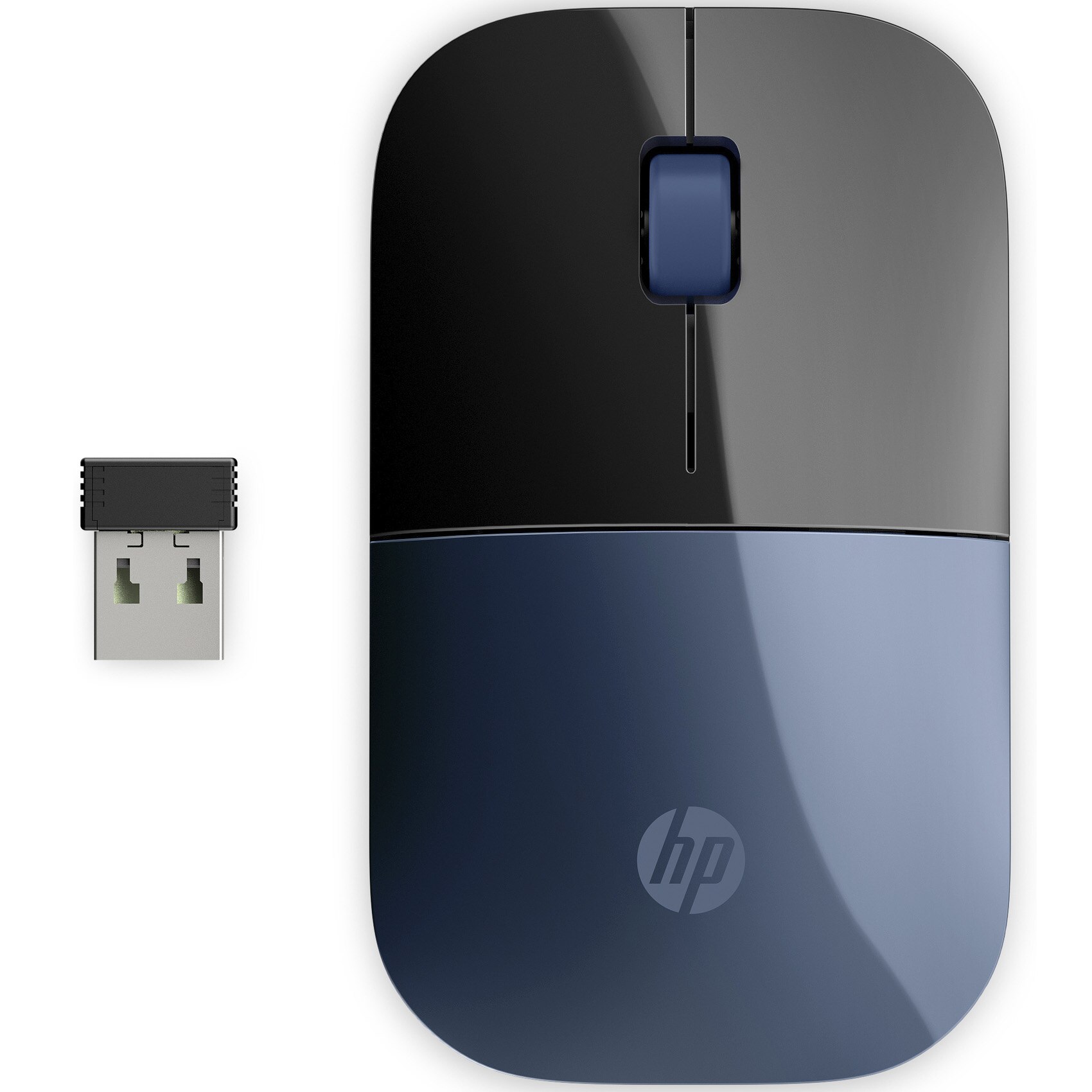 Mouse wireless HP Z3700 Lumiere Blue, nano-dongle USB 2,4GHz, autonomie max. 16 luni, 1200 DPI, 3 butoane, baterie AA inclusa, albastru