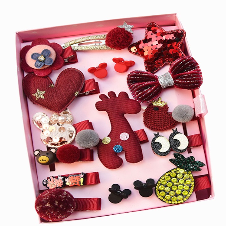 Alte Gyerek Hajcsat készlet, 17 hajcsattal, 6 Hajgumival, Díszdobozban, Piros