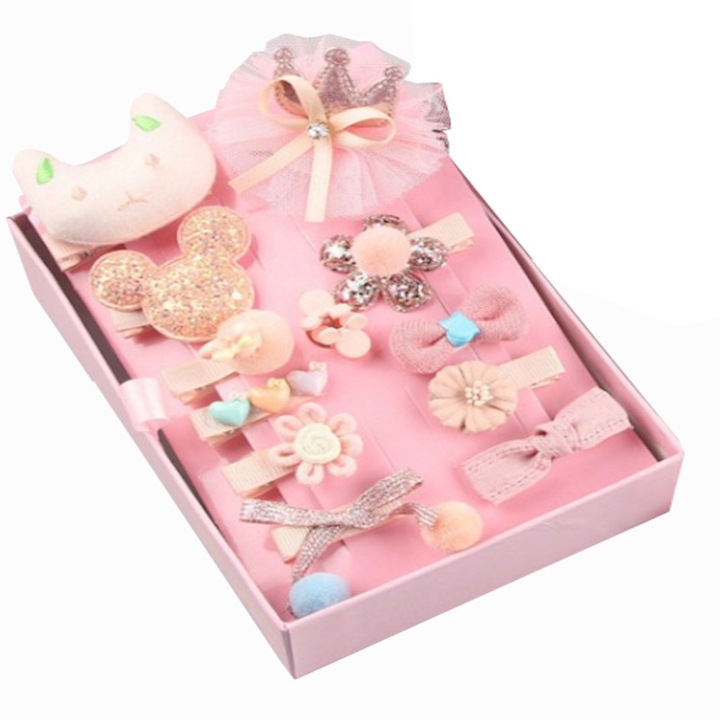 Set de par, copii, 13 agrafe, 4 elastice, cutie cadou, culoarea piersicii