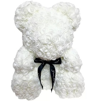 Ursulet decorat cu flori de spuma alb, 25 cm, cutie transparenta, Shop Carnaval Ursulet decorat cu flori de spuma alb, 25 cm, cutie transparenta, Shop Carnaval