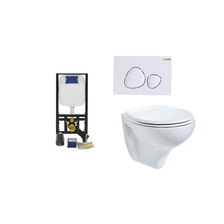 WC Pachet Complet Sistem Incastrat Creavit TP320 SET Rezervor Incastrat , Clapeta Alb, Vas toaleta , Capac, Sistem fixare si Set insonorizare