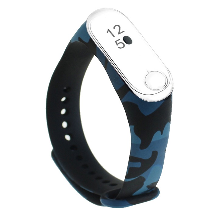 Curea din silicon pentru bratara Xiaomi Mi Band 4 si 3, albastru cu negru, model camo