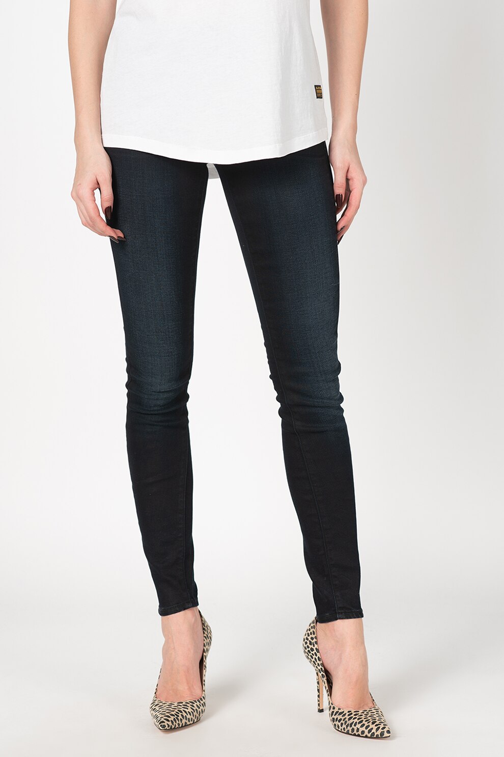 G-Star RAW, Blugi skinny cu talie inalta 3301, Bleumarin inchis/Alb prafuit/Negru