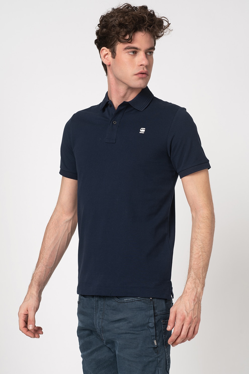G-STAR, Tricou polo slim fit din material pique Dunda, Alb, Bleumarin, S
