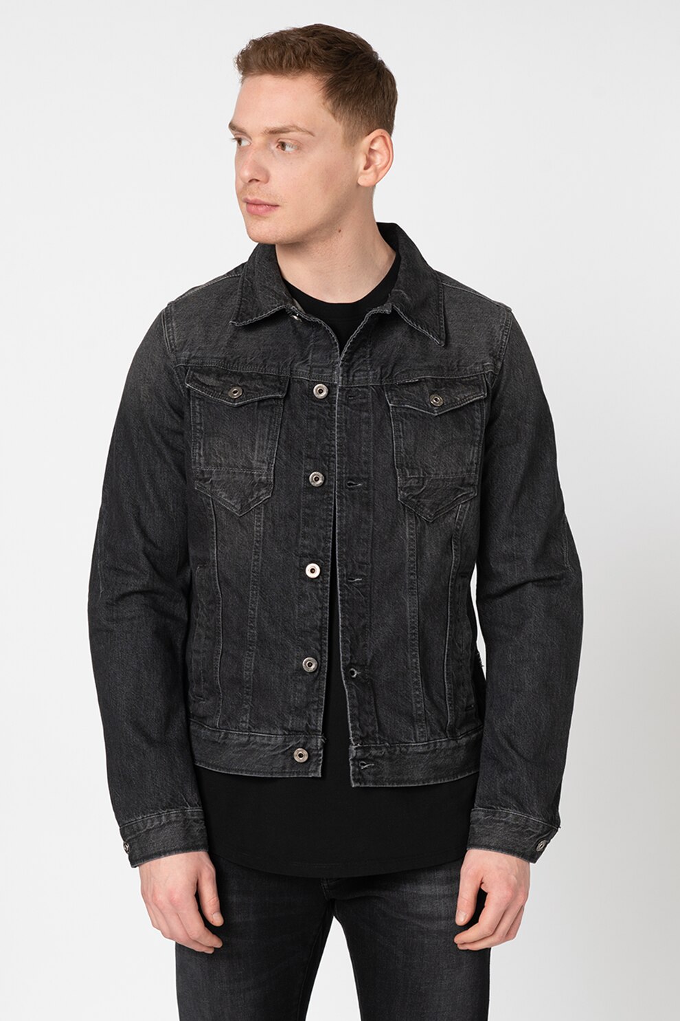 G-Star RAW, Jacheta slim fit din denim Arc 3D, Negru/Alb prafuit, S