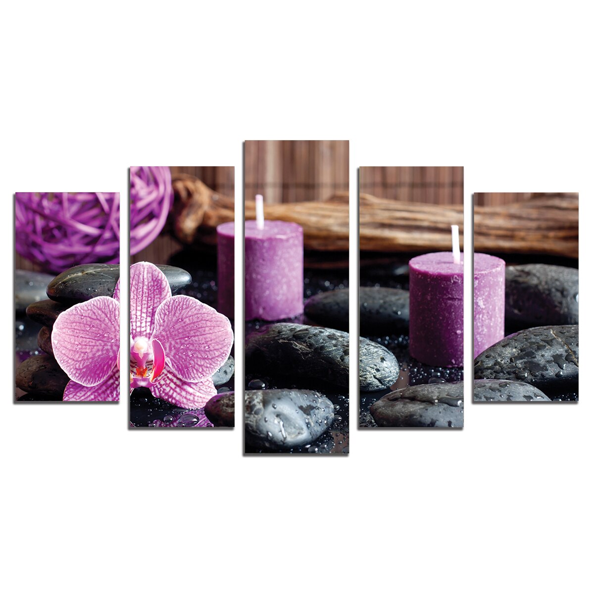 Tablou Multicanvas, 5 Piese, Compozitie spa mov, negru si maro, 108х60 cm