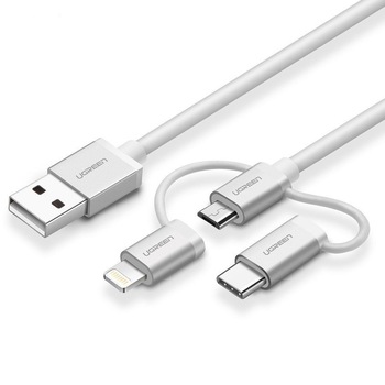Cablu de date USB 3 in 1 UGREEN Type-C / Lightning / Micro USB, 1m MFi Alb Cablu de date USB 3 in 1 UGREEN Type-C / Lightning / Micro USB, 1m MFi Alb