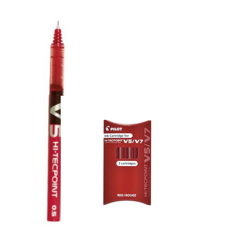 Set roller reincarcabil Pilot V5 Hi-Tecpoint 0.5 mm + 3 rezerve, rosu